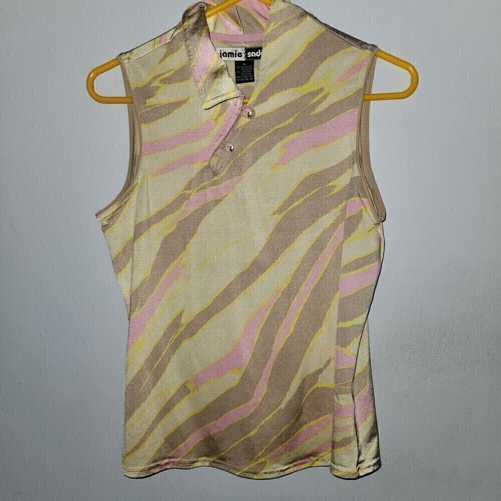 Jamie Sadock Sz M Sleeveless Golf Top Yellow Tan Pink Asymmetrical Collar